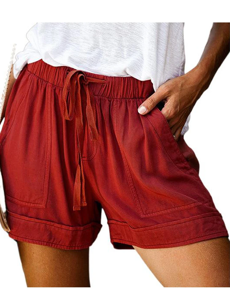 

Simple Drawstring Pockets Summer Elastic Waist Loose Home Streetwear Ladies Pant 12 Colors Casual Women Short Pants
