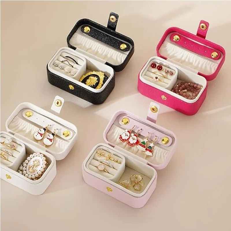 Portable Mini Jewelry Box Small Travel Storage Case for Rings Necklaces Earrings Lipstick with Removable Ring Slot PU Leather