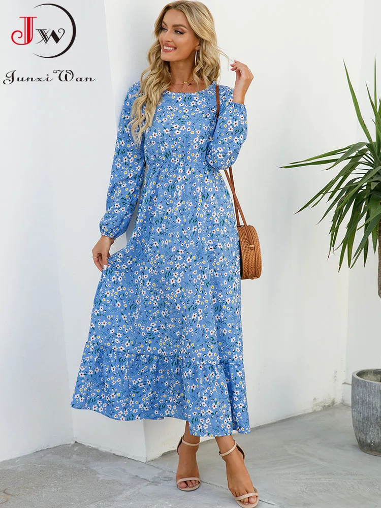Elegant Floral Print Women Dress Spring Summer Casual O Neck