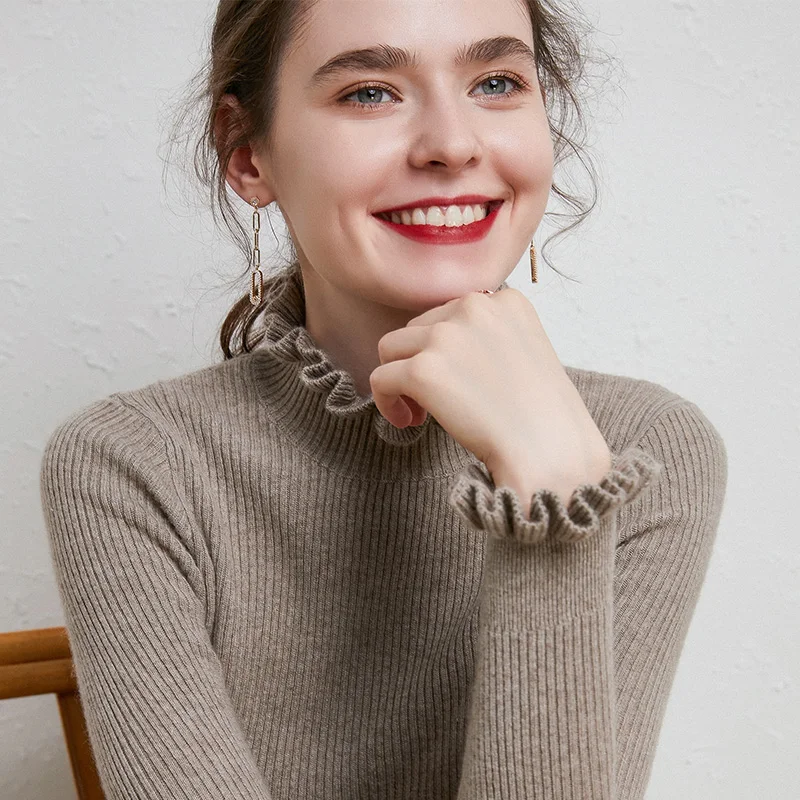 

New Turtleneck Cashmere Sweater Women Casual Paragraph Floral Collar Long Sleeve Sweater Solid Color Pullover Sweater