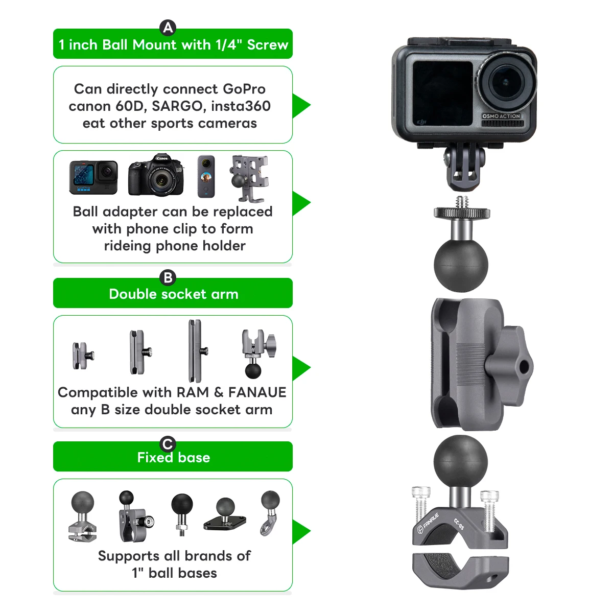 FANAUE Motorrad-Fahrrad-Sportkamera-Halterung aus Aluminiumlegierung zum Schießen, geeignet für Insta 360, kompatibel mit 1/4 Gewinde – Detail 5