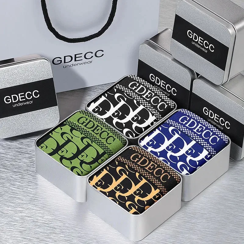 Gdecc الصيف ملابس داخلية للرجال رقيقة تنفس الحرير الجليد المطبوعة السراويل سراويل بوكسر 4 قطع في صندوق هدايا فم الحصان