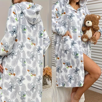 Cute Lazy Nightgown Women Flannel Kimono Bathrobe Single Breasted Hooded Nightwear Cartoon Print Sleepwear Warm Pajamas Robes