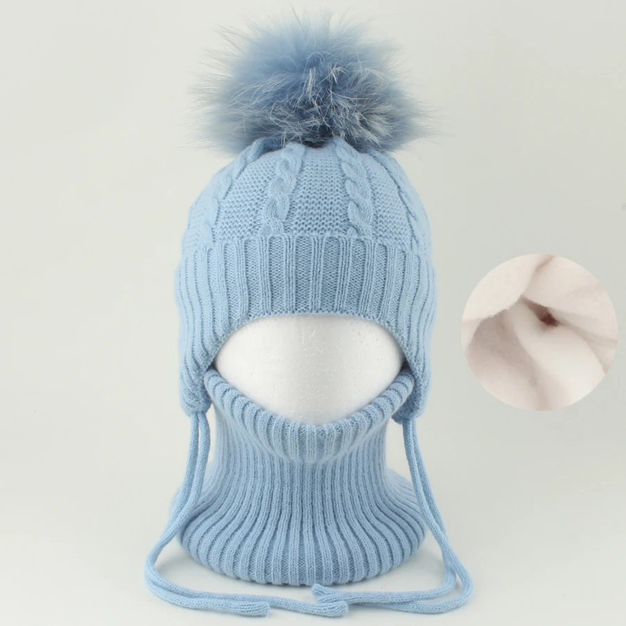 NEUE Winter Hohe Qualität Gestrickte Wolle Beanie Hut Hals Set Echtpelz Ball Hut Kinder Junge Mädchen Dicke Warme Fleece Outdoor Baby Mütze 1-6Y – Detail 6
