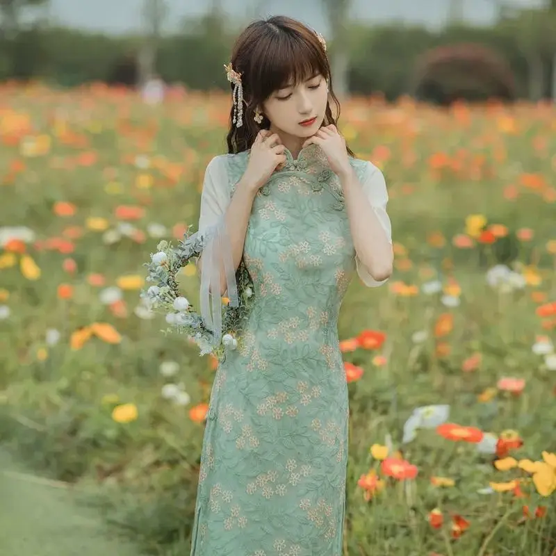 

Improved Green Cheongsam Vintage Summer Embroidery Chinese Traditional Dress Slim Female Women Long Qipao S To 2XL