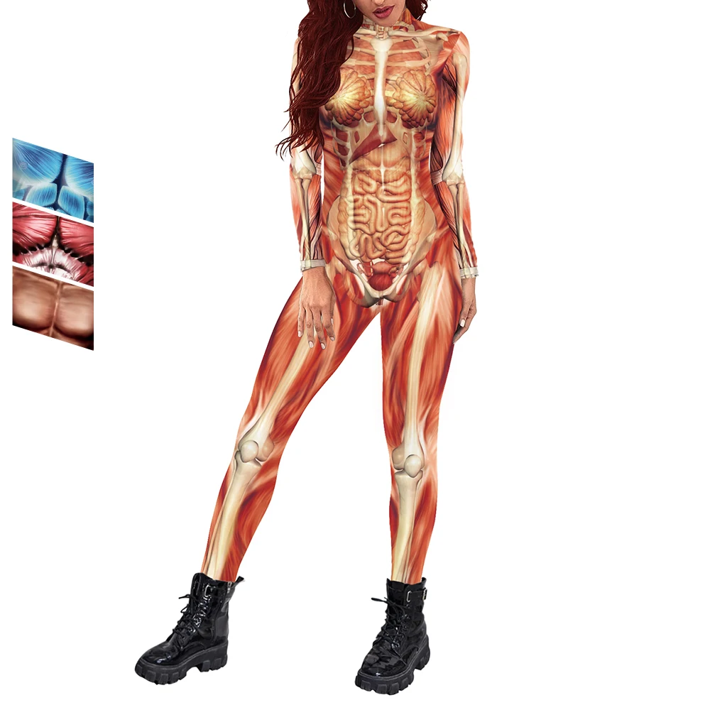 

Zawaland Halloween Funny Jumpsuit Women Carnival Blood Vessel Printing Bodysuit Female Holiday Party Long Sleeve Cosplay Costume