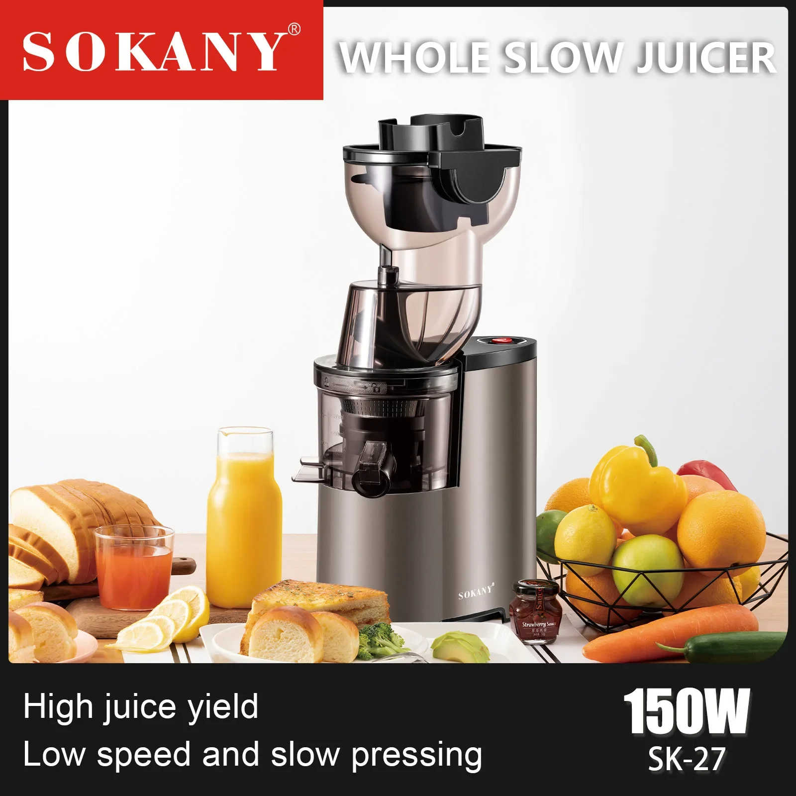 SOKANY SK-25 300W Extractor de Masticación Lenta, 80mm Slow Juicer, Jarra  para zumo, recipiente para pulpa，función de masticación inversa, Sin BPA