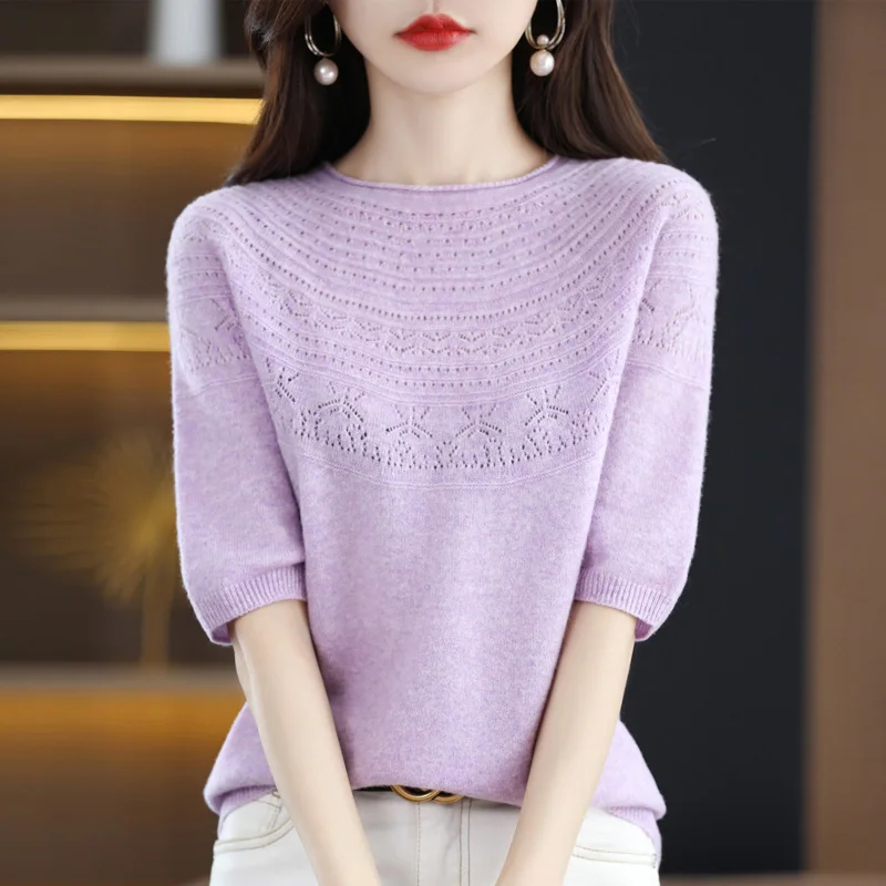 

100% Merino Wool Short Sleeved Women's Solid Color Autumn And Winter Hollow Round Neck Short Sleeved T-Shirt Knitted Fashion Top