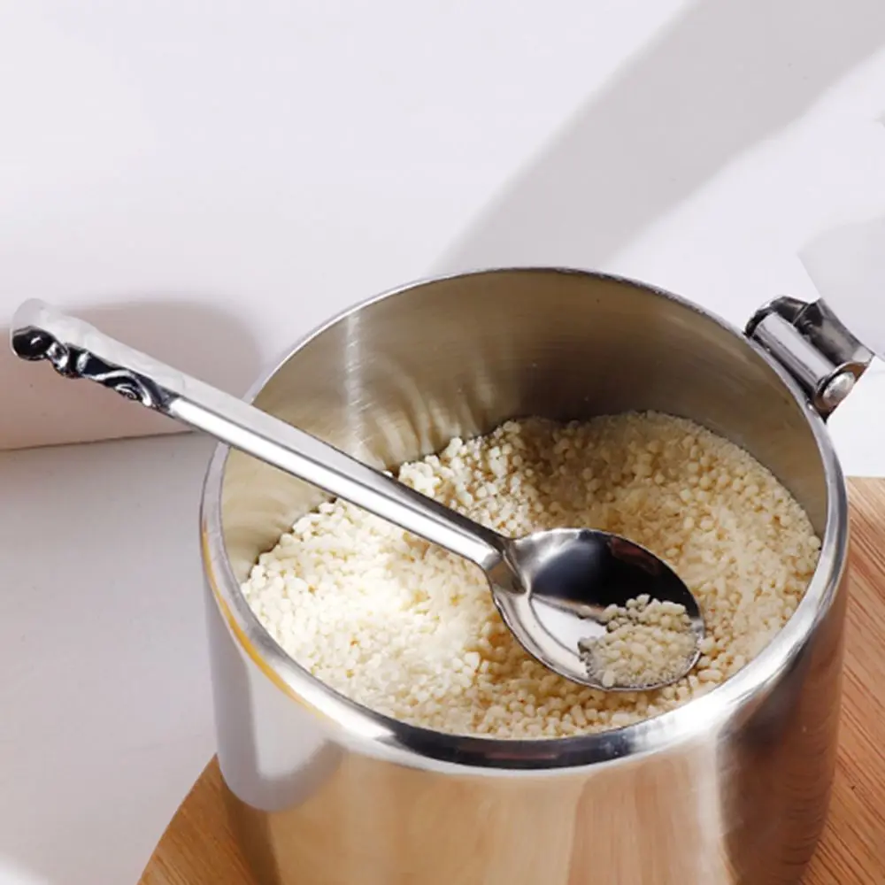 Practical Stainless Steel Sugar Bowl with Lid Spoon Dustproof Spice Container for Kitchen Convenient Silver Condiment Pot