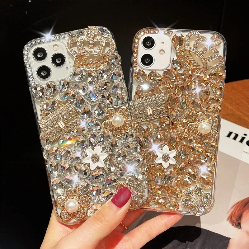 

Luxury Bling Flower Diamond Bag Crown Rhinestone Case, Cover for Samsung, A70S, A22, A52, A51, A72, A73, A53, A33, A74, A54, A34