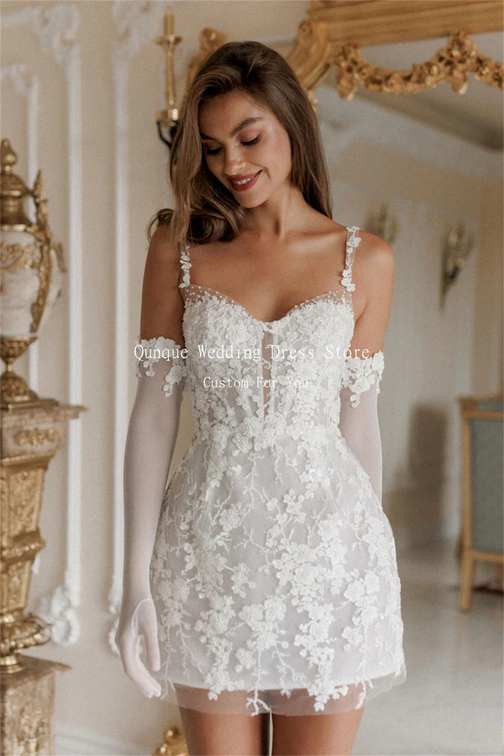 Qunque Chic Tulle Wedding Dress Spaghetti Straps Short Vestidos De Novia Lace Appliques 3D Flowers Robe De Mariée Customized 3