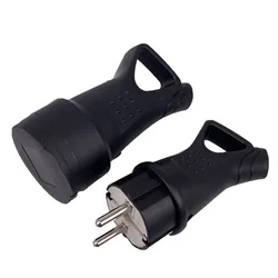Waterproof European Electrical Socket Plug with Cover, Rubberized Grounded Connector, IP54, 16A 250V (Plug and Socket)