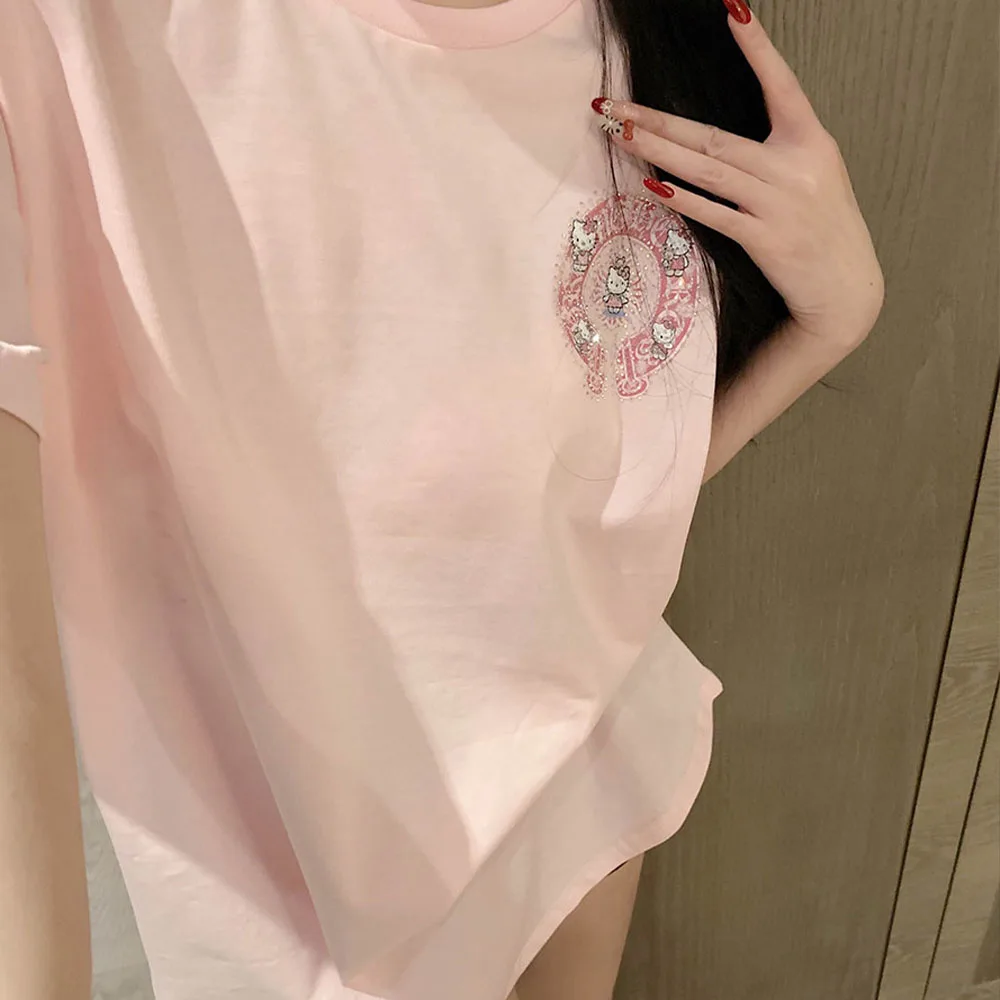 대형 사이즈 헬로 키티 다이아몬드 프린트 여성용 티셔츠, Y2K 귀여운 엑스트..
