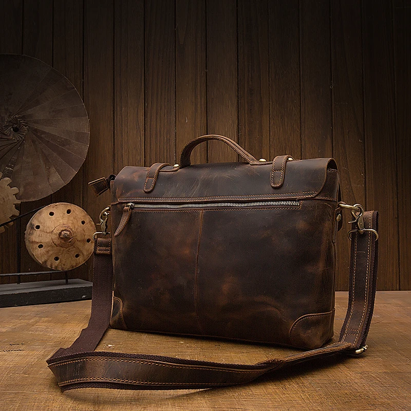 Handmade Crazy Horse Leather Shoulder Bag For Men Genuine Leather Cross body Bag Vintage Briefcase Cowhide Office Messenger Bag 4
