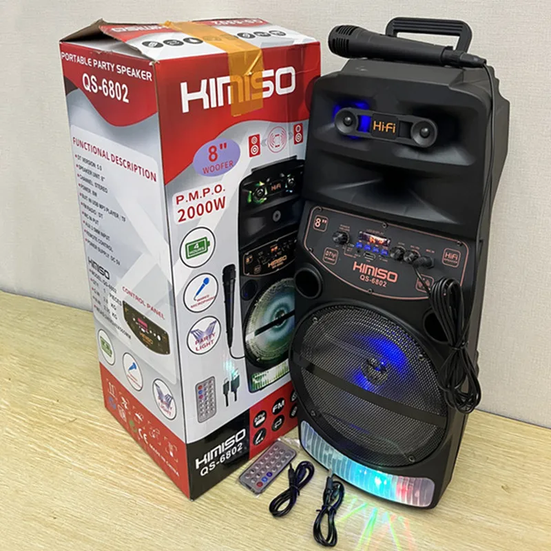 KIMISO QS-6802 внешняя лампа, 8-дюймовая тележка, колонка, караоке, DJ Бумбокс, портативное FM-радио, стерео BlueTooth колонки 200 Вт Peak