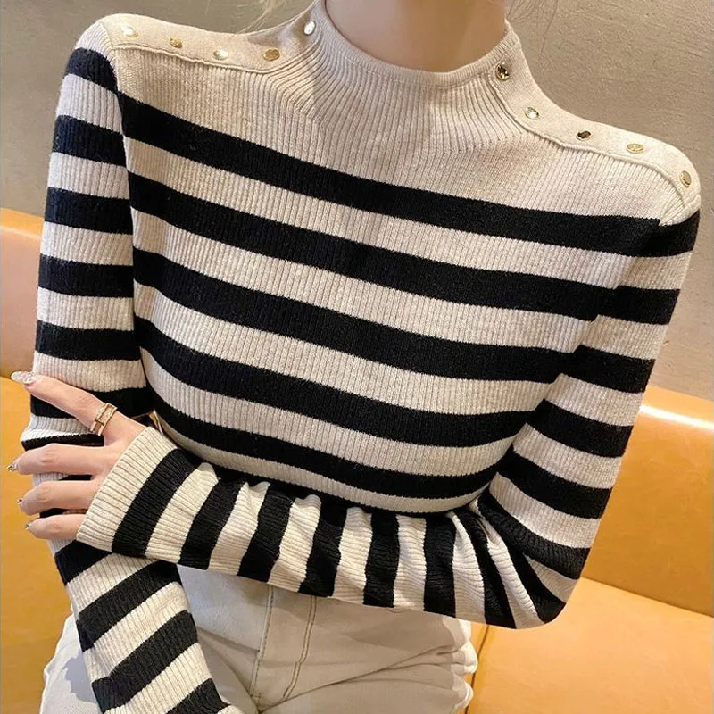

Осенне-зимний модный разноцветный полосатый свитер в Корейском стиле с высоким воротником приталенный Универсальный трикотажный топ в западном стиле