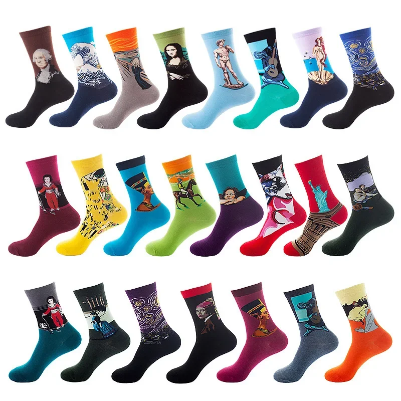 

Oil painting medium tube socks European and American adult socks Women's trend stockings Men's autumn and winter cotton socks