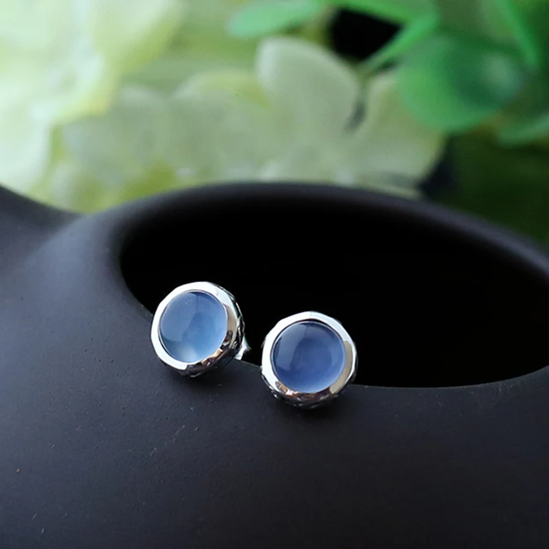 

925 Sterling Silver Blue Agate Retro High Quality Female Jewelry Natural Stones Round Earrings 9mm Bohemia Cute Fashion Gift