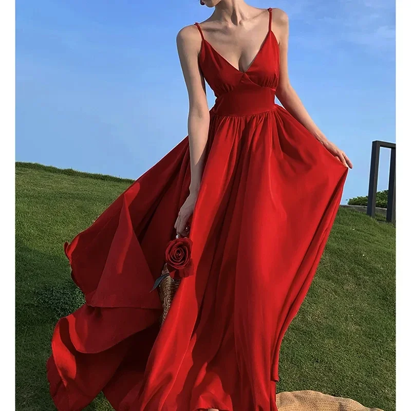

New Elegant Women Deep V Backless Long Formal Satin Dress 2024 Retro Summer Slip Sexy Slim Red Party Quinceanera Prom Clothing