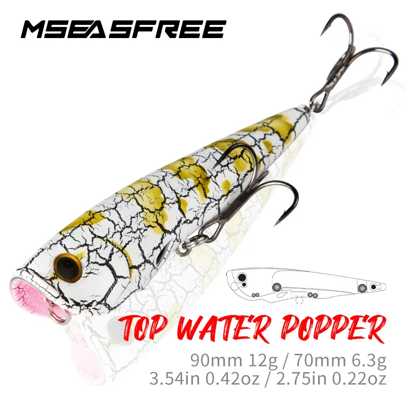 

MSEASFREE Popper Bait 90mm 12g / 70mm 6.3g Topwater Walker Surface Hard Artificial Rattle Fishing Lures For Bass Pike Fishing