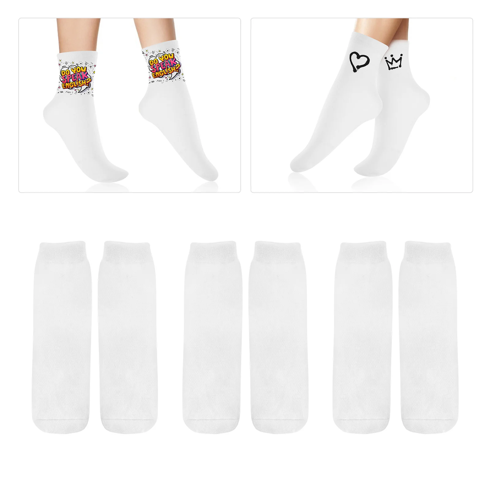 

6 Pairs Printing Sublimation Socks Double Sided White Cotton Double-sided