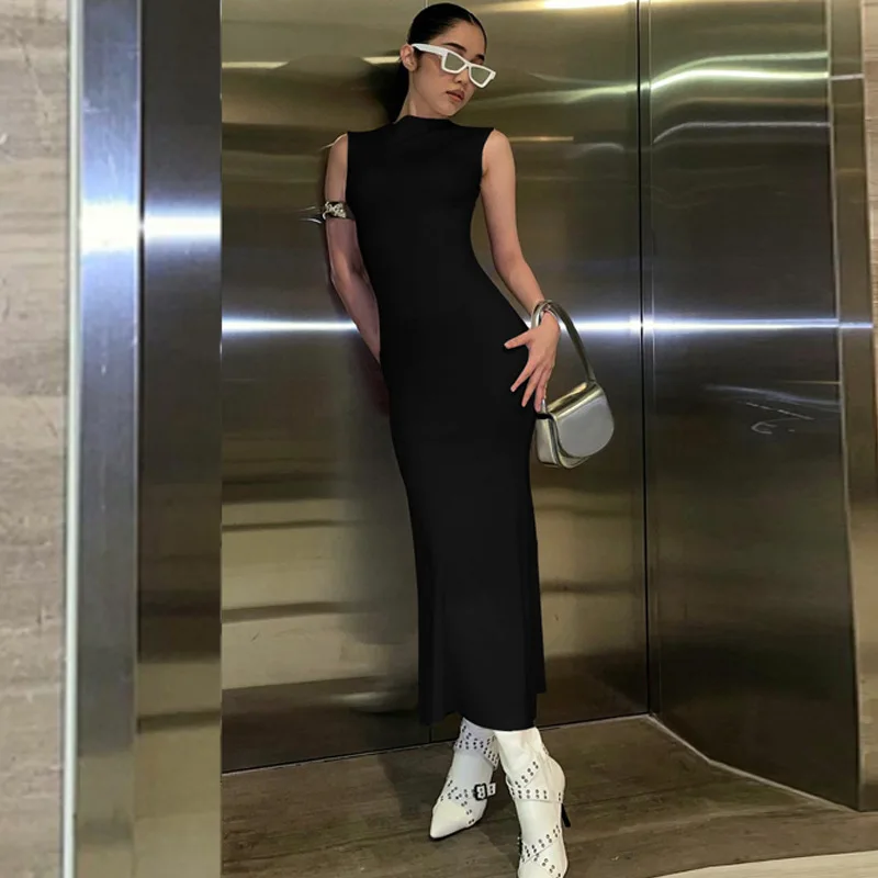 Vestido largo liso sin mangas para mujer, ajustado, con hombros descubiertos, elegante, ajustado, para fiesta, de verano
