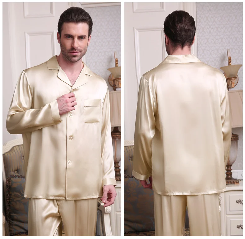 Genuine Silk Pajamas Male Spring Summer Long-Sleeve Pants Two-Piece Pyjama Sets 100% Silkworm Silk Men's Sleepwear mens pyjama tops