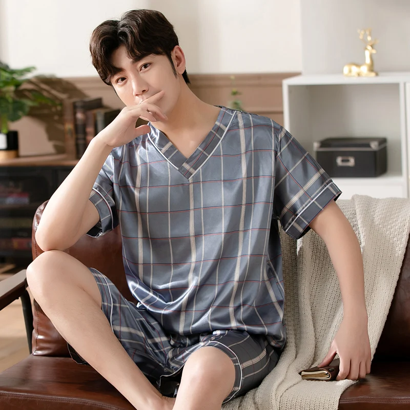 Mens Satin T-Shirt Male V Neck Short Sleeve Casual T-Shirt Loose Pajamas Tops Printing Loungewear Sleepwear Tees Tops