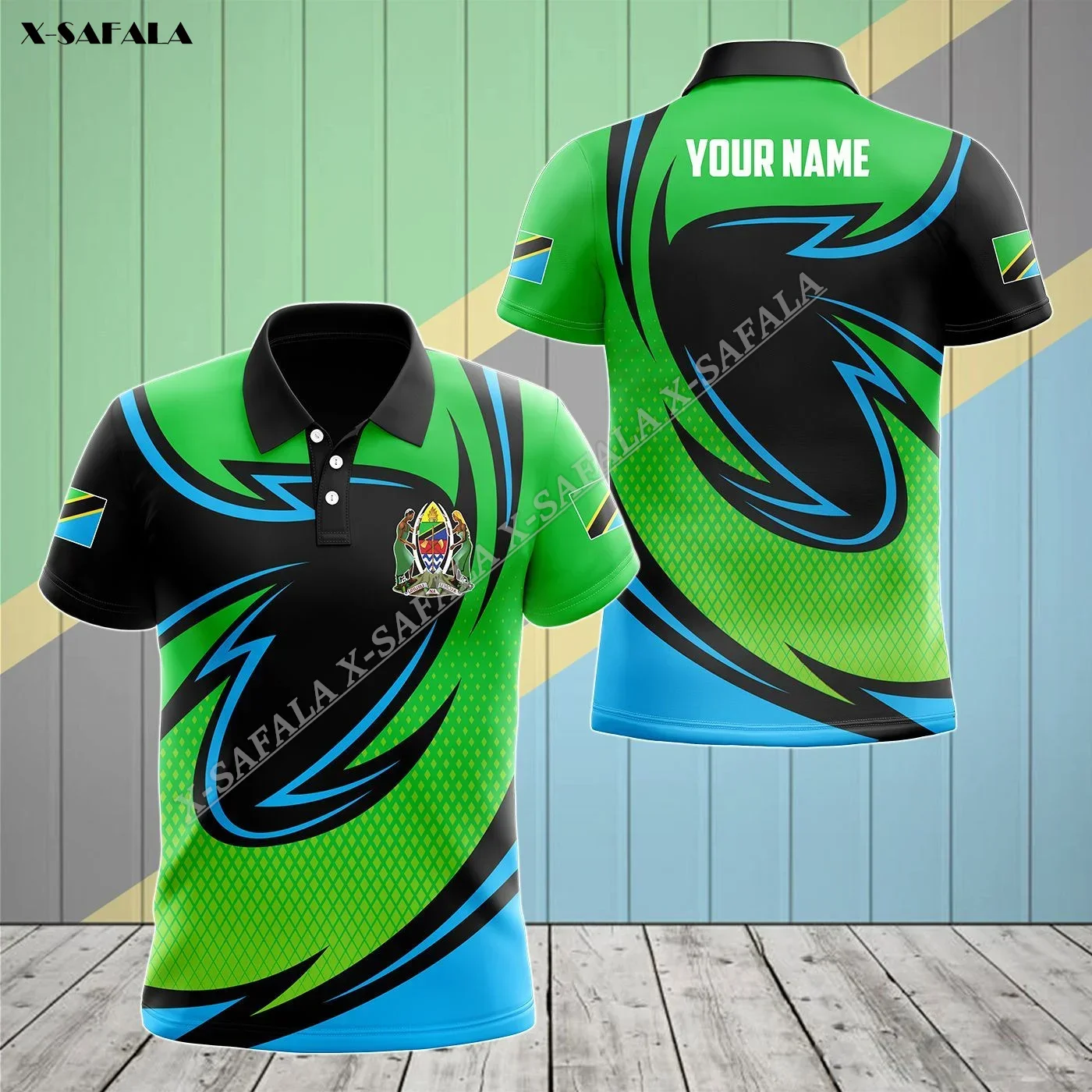 

Tanzania Coat Of Arms Neon Style 3D Printed Men Polo Shirt Collar Short Sleeve Street Wear Casual High-Class Material Tee Tops