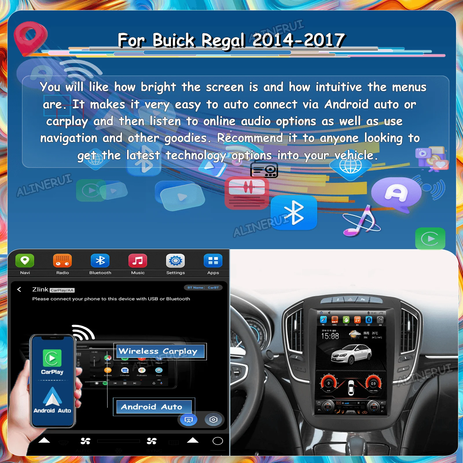 

Черный автомобильный беспроводной Carplay Android 13 экран для Buick Regal 2014-2017 Bluetooth радио GPS блок центральный мультимедийный плеер 1 Din
