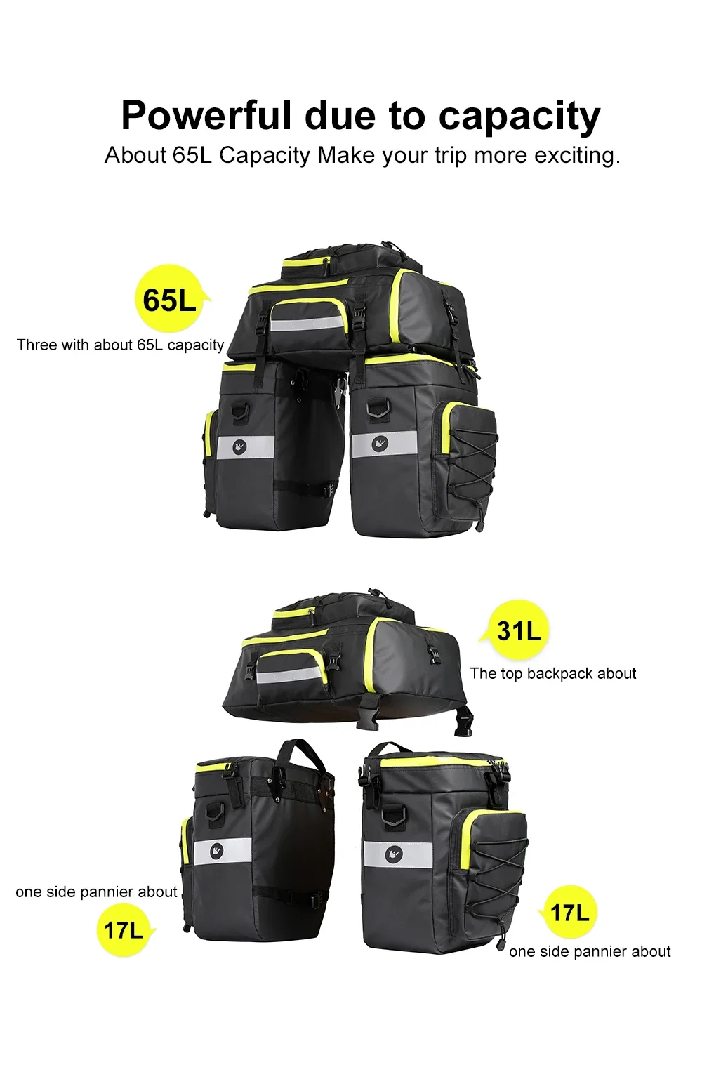 Description Picture 4 of itemRhinowalk Bike Pannier Bag 3 in 1 65L Big Capacity with Rain Cover Cycling Rear Rack Seat Trunk Bag for Mtb&Road Folding Bicycle