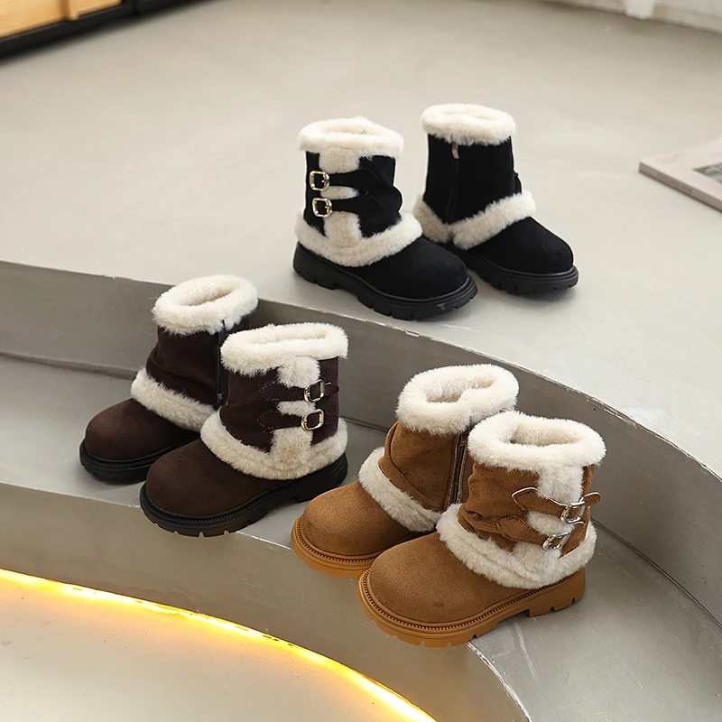Children's Winter Boots for Girl Warm Furry Princess Fashion Platform Ankle Boots Soft Furry Non-slip Kids Causal Cotton Boots