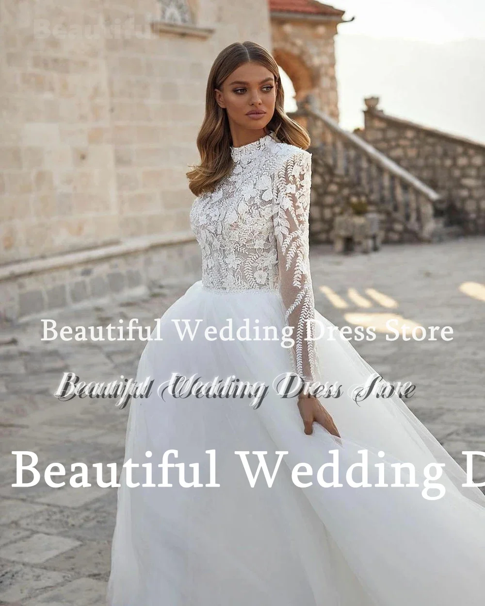New Muslim Wedding Dress Lace Appliques High Neck Long Sleeves A-Line Tulle Floor-Length Sweep Train Bridal Dress Vestidos de
