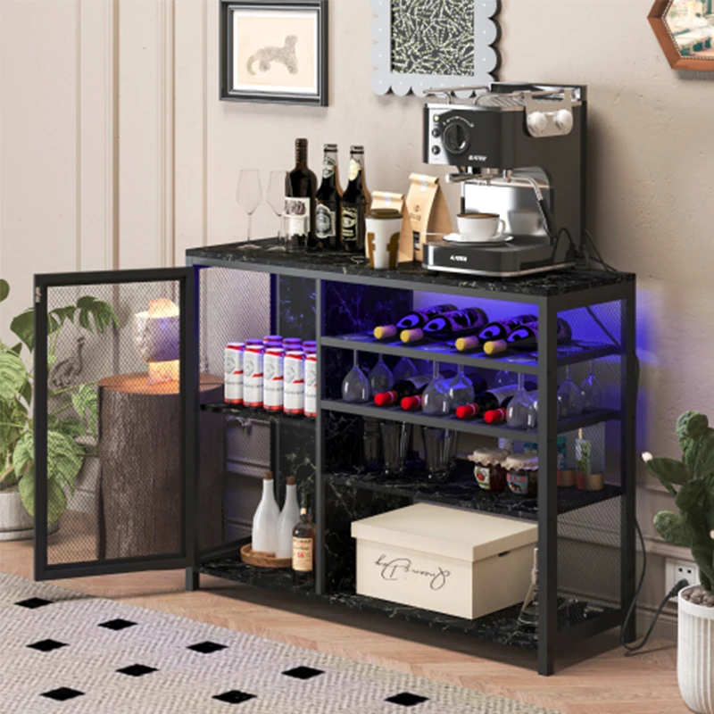 Bar Cabinet,Wine Bar Cabinet,Liquor Storage Credenza,Sideboard with Wine Racks & Stemware Holder,With UAB socket,Black