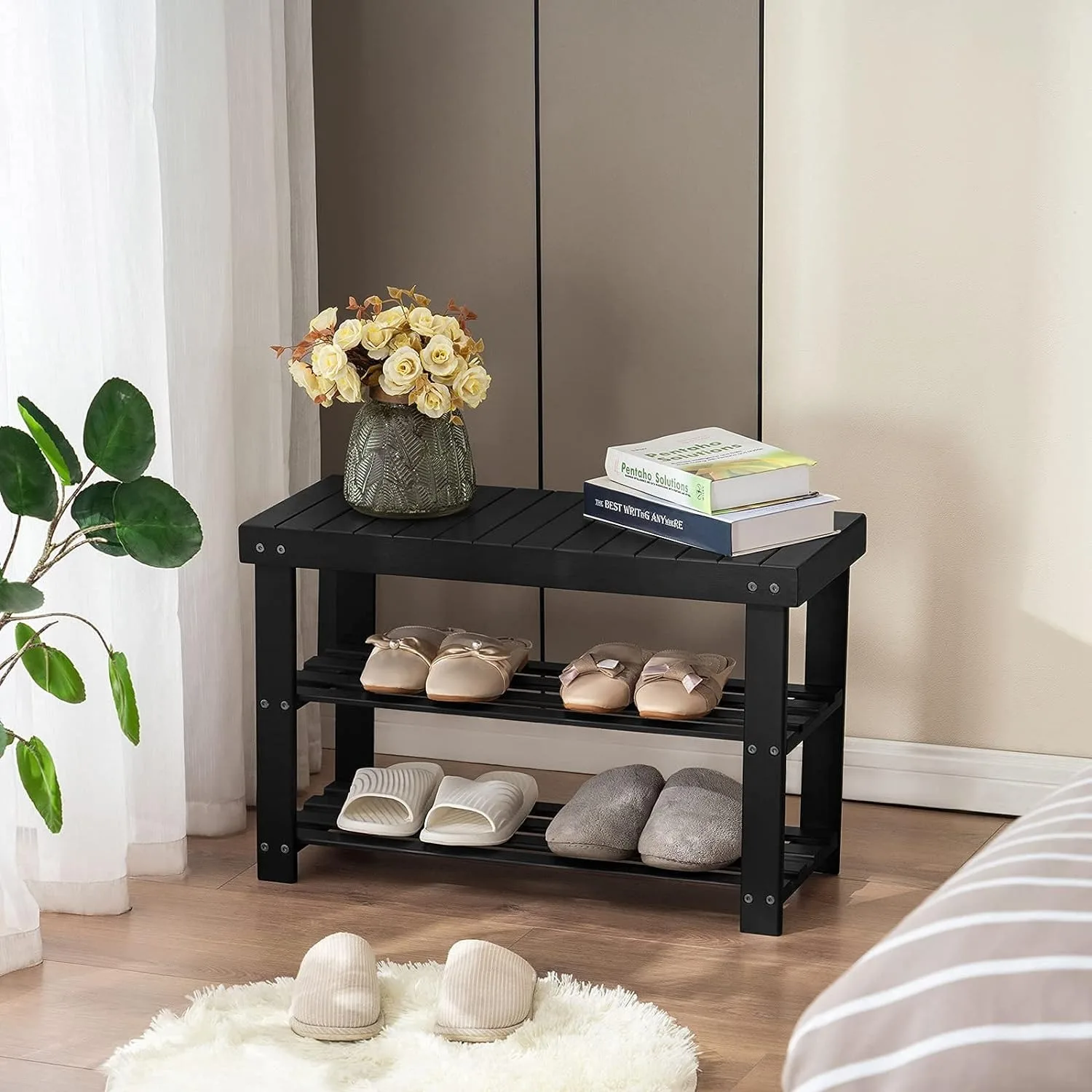 Bamboo shoe rack entryway 3-tier shoe rack bench front door entrance small organizer storage