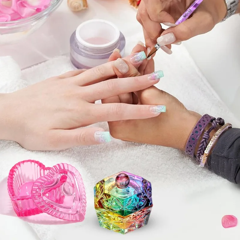 Manicure Tools Colorful Crystal Glass Acrylic Powder Liquid Nail Cup Dish Lid Bowl with Cap Holder Equipment Salon