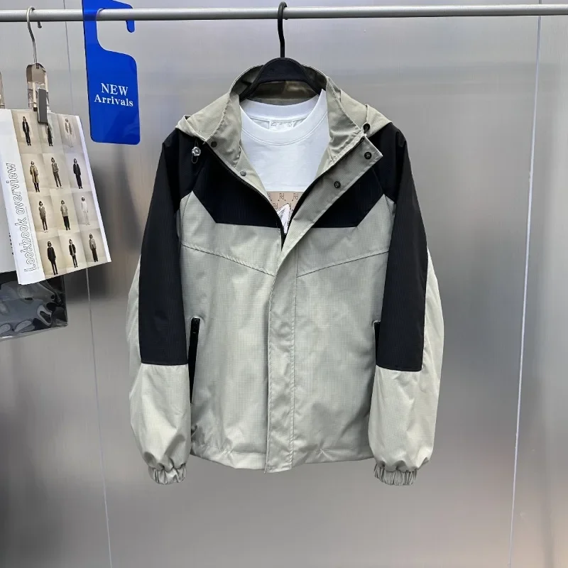 Abrigo de hombre de primavera y otoño, chaqueta holgada de exterior con cuello alto y capucha impermeable de manga larga