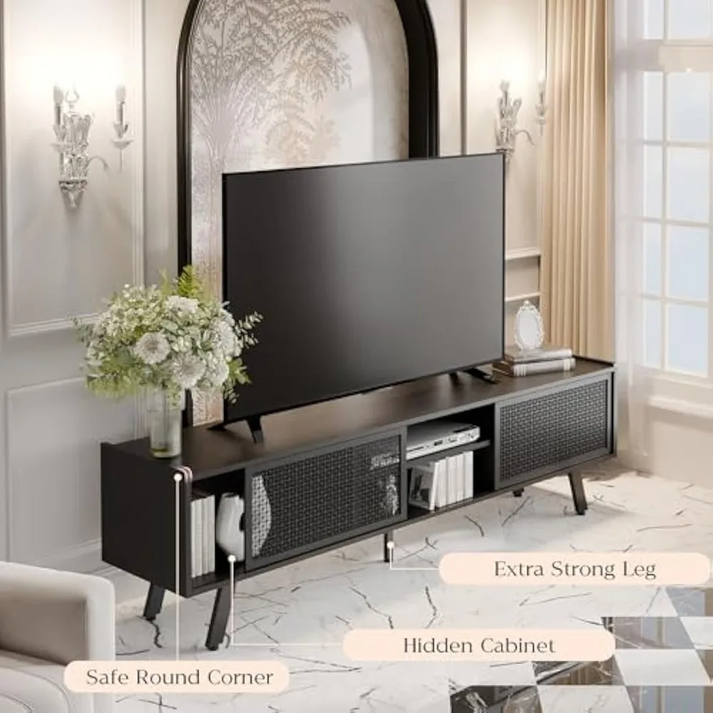 Black TV Stand for 65 70 Inch TV, Modern Iron Rattan TV Console with Sliding Door, Entertainment Center with Storage 3