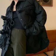 

2021 Winter Women Fashion Loose Rhombus Cotton Puff Jacket Black Retro Chinese Style Buckle Bow Tie Jacket Trendy Wholesale