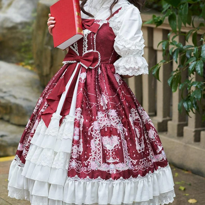 Lolita Dress Japanese Elegant Vintage Style Bow Flower Print Cosplay