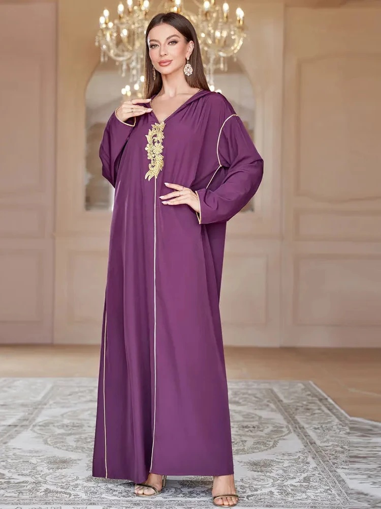 

Muslim Dress for Women Eid Muslim Abaya Hooded Long Sleeve Dubai Long Robe Appliques Arab Party Dress Gorgeous Vestidos Abayas