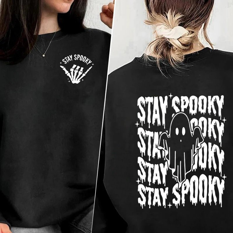 

Stay Spooky Skeleton Hand Halloween Sweatshirt Women Harajuku Pullover Hoodie Funny Fall Crewneck Sweatshirt Long Sleeve Coats