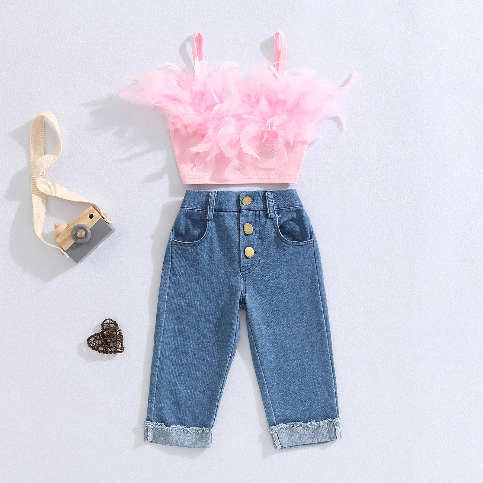 Girls Pink Feather Camisole + Denim Pants Outfit Set 2