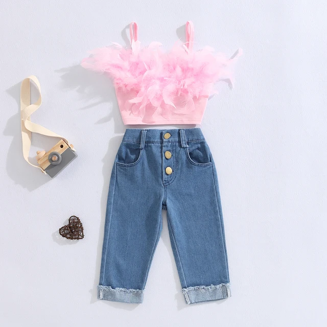 Girls summer clothing outfit sets fashion kid children pink sleeveless feather camisole denim pants with pockets