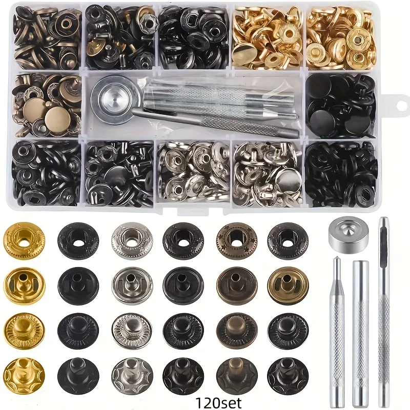 120Sets Double Cap Leather Rivets With Fixing Tool Kit For Clothes Shoes Decoration And Repair 120Sets Double Cap Leather Rivets With Fixing Tool Kit For Clothes Shoes Decoration And Repair