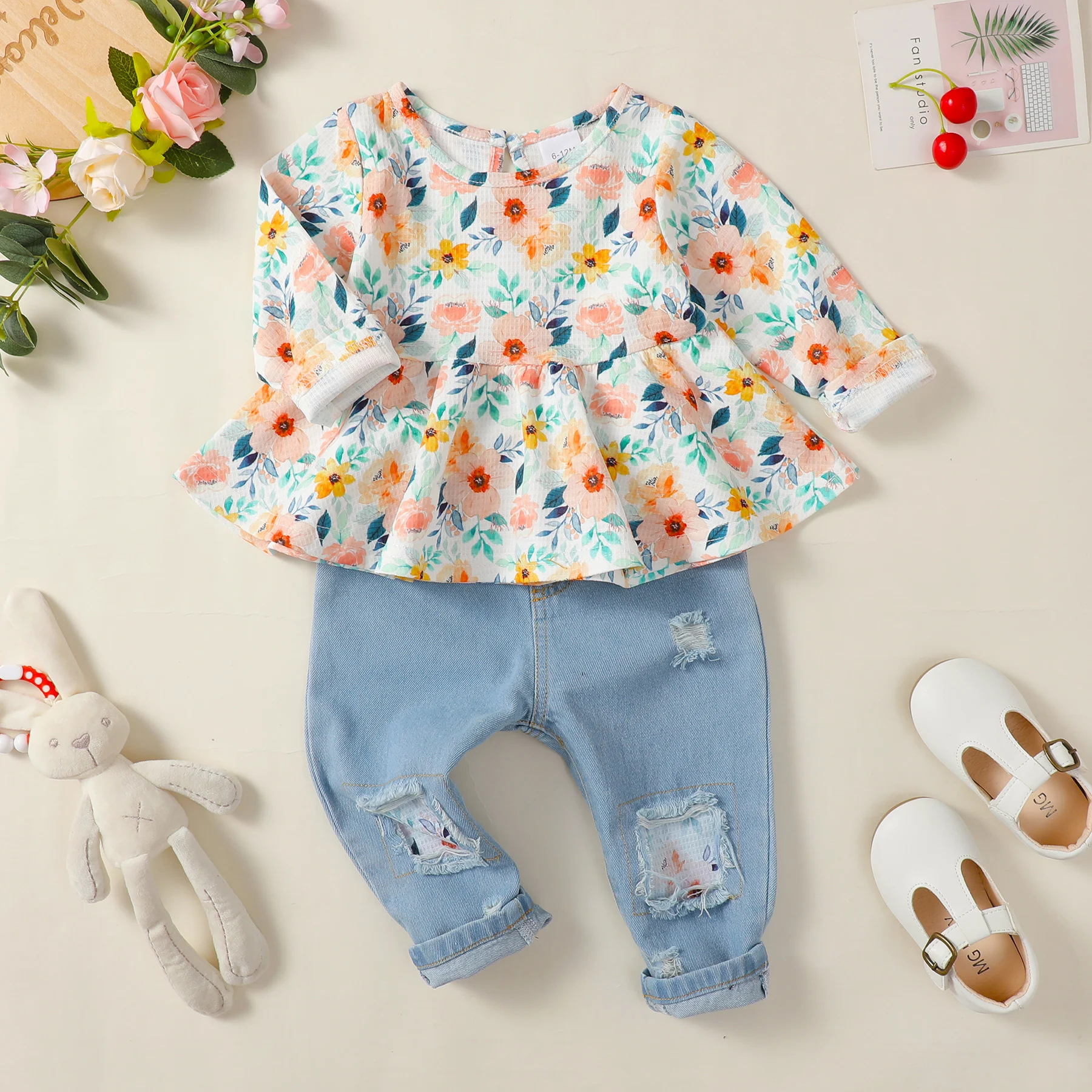 Costume pour filles de 1 à 4 ans, haut à volants et manches longues, pantalon en Denim à taille élastique, ensemble de 2 pièces, tenue de printemps