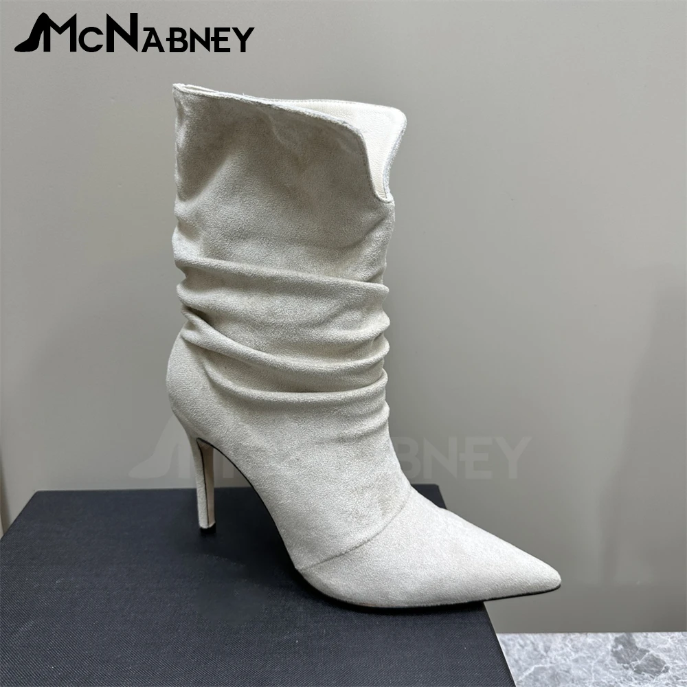 

Suede Pleated Ankle Boots Pointed Toe Stiletto Sexy Boots Designer Concise Style Classic Booties for Women Custom Elegant Heels