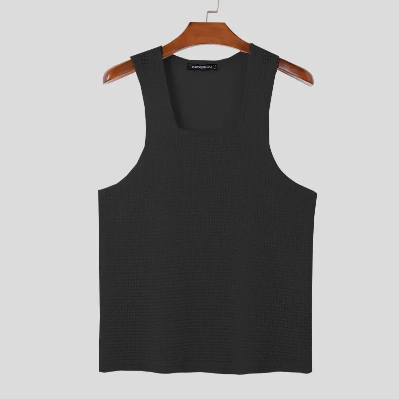 thumbnail image 1 of INCERUN Tops 2024 estilo americano para hombre, moda con textura, chalecos con cuello cuadrado hueco, camiseta sin mangas de color liso informal de verano para hombre S-5XL, 1 of 5