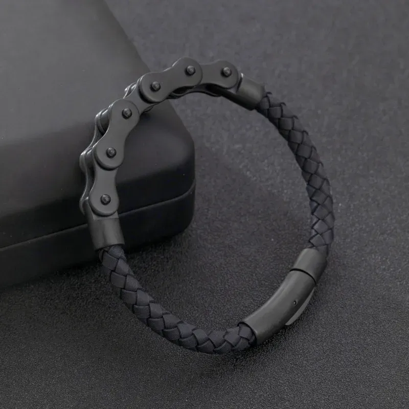 Retro Punk Bike Chain Hand Woven Leather Bracelet with Metal Buckle for Men Motorcyclist Rock Party Jewelry Gift