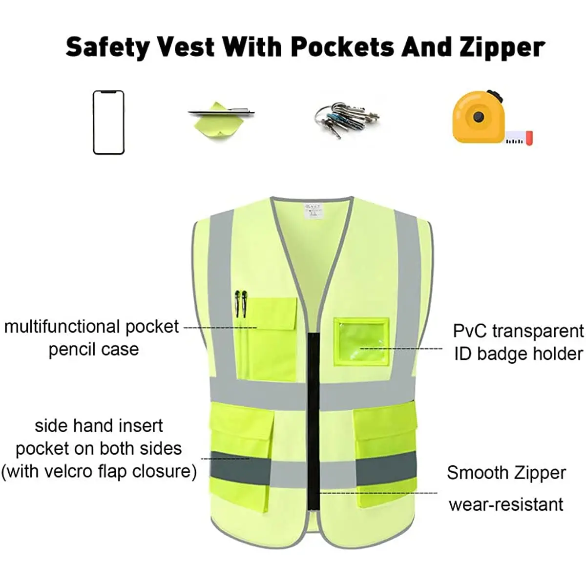 Reflective Safety Vest Safety Vest With Pockets And Zipper For Men Meets ANSI/ISEA Standards